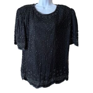 Laurence Kazar NY VTG Beaded Black Sequined Top 1X Party‎ Cocktail Blouse Silk